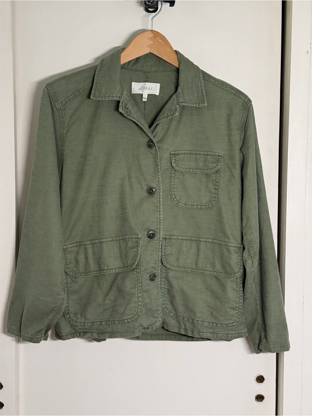 THE GREAT army green jacket utility chore coat style lightweight size 1 small - Picture 7 of 15